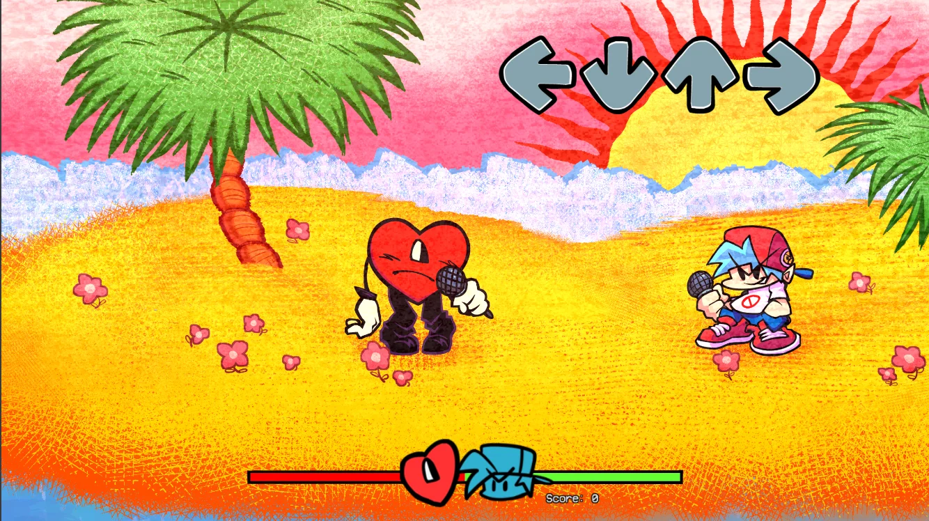 Boyfriend opposite the red heart character on the Bad Bunny beach