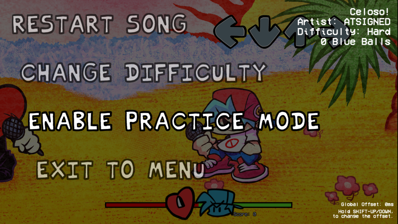 Paused Celoso! chart with the Enable Practice Mode menu option highlighted