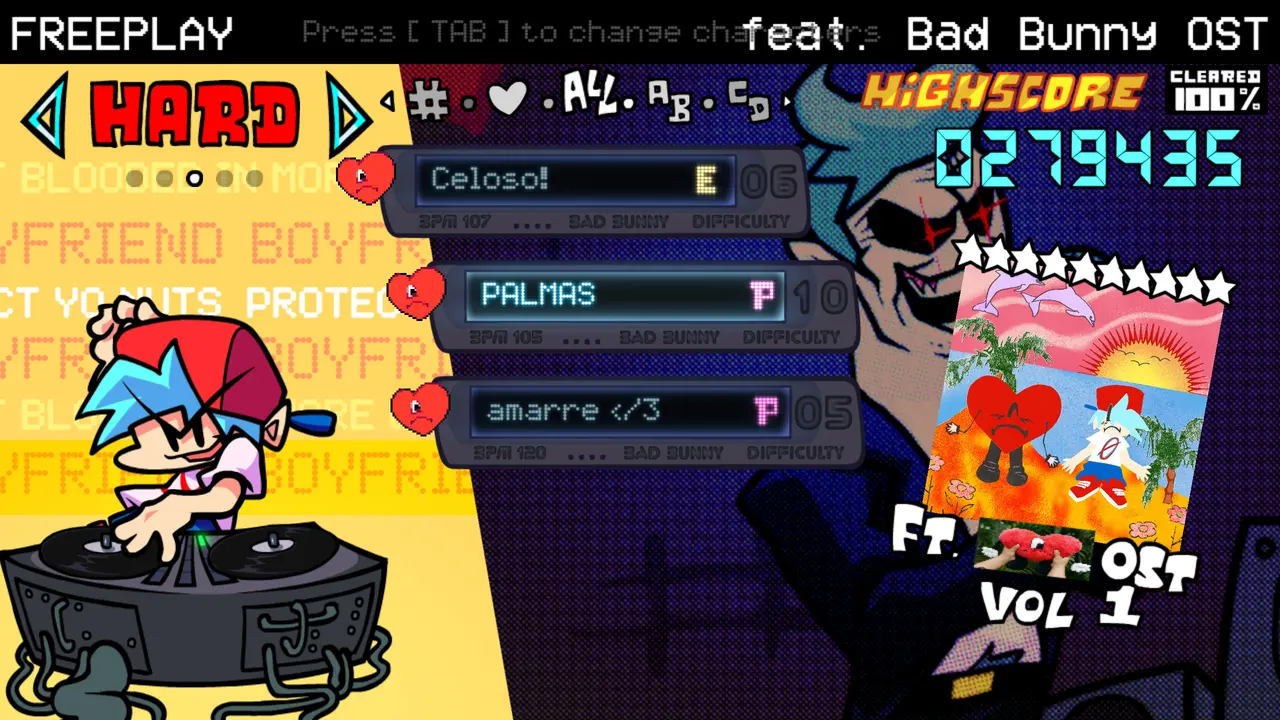 Freeplay menu listing the three Bad Bunny tracks with Hard charts