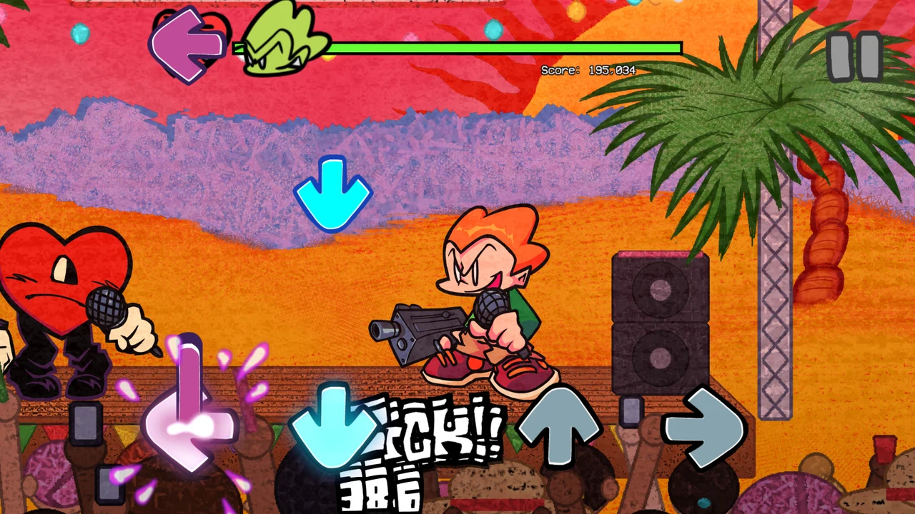 Orange sunset behind Pico and the heart character during the island concert