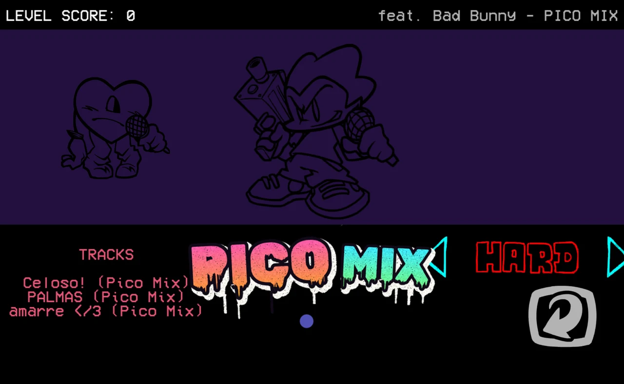 Pico Mix week artwork with Pico, the heart character and the three remix titles