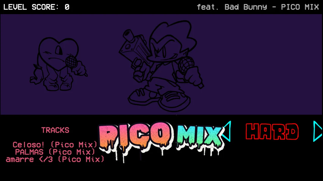 Week selector for PICO MIX listing its three songs and a changeable difficulty currently set to Hard